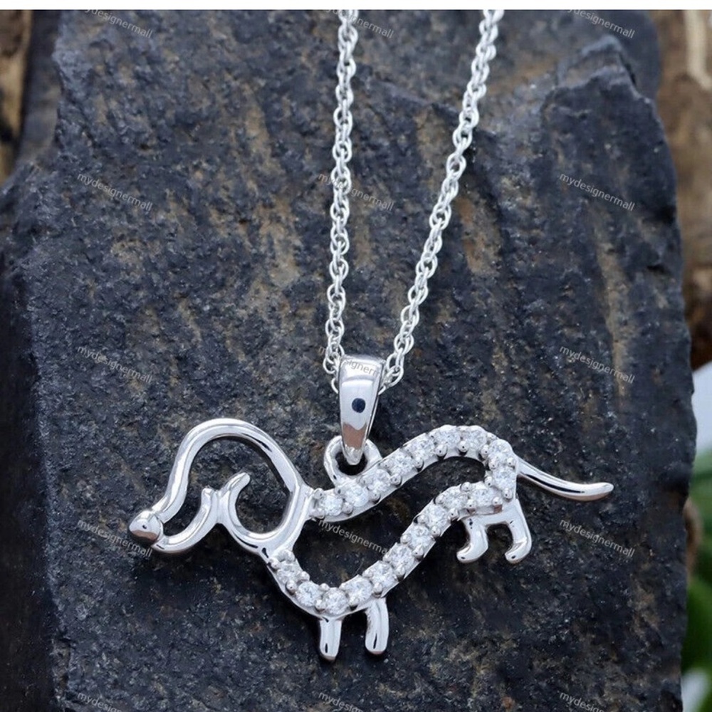 925 Diamond Silver Dachshund Pendant Necklace - Picture 9 of 9